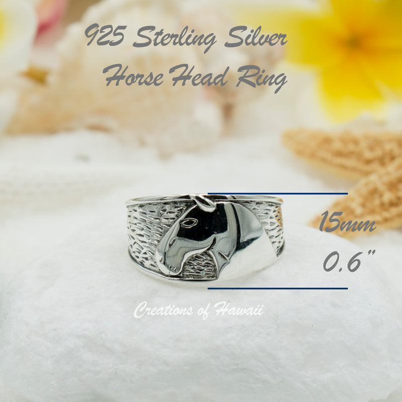 925 Sterling Silver Horse Face Ring for Boys, Men & Women.  15mm Wide Farmer, Country, County, State Fair, Horse Racetrack Statement Ring.