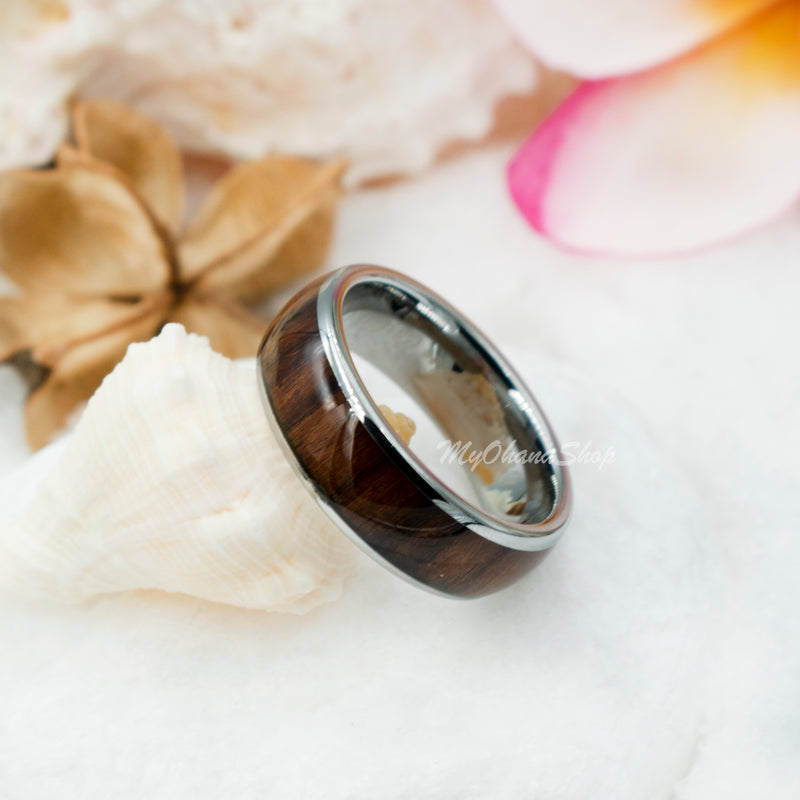 8mm Barrel, Tungsten Carbide Ring With Koa Wood Inlay.  Comfort Fit, Durable, Lasting Ring for Men & Women