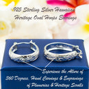 925 Sterling Silver Hawaiian Heritage Hoops Earrings For Women. Medium or Large Oval, Hand-Carved, Engraved Plumerias & Scrolls Earrings.