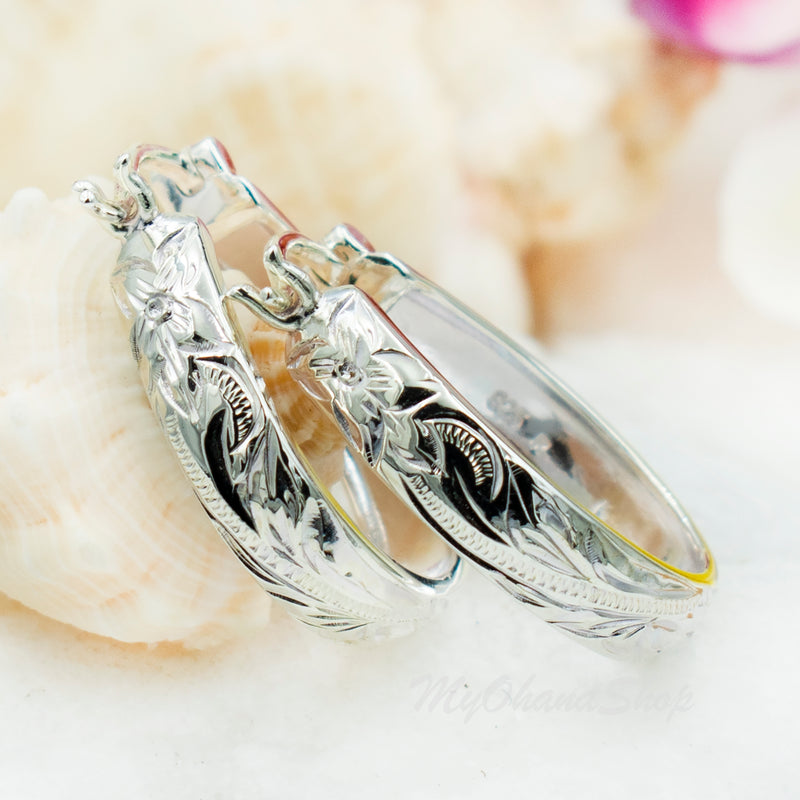 925 Sterling Silver Hawaiian Heritage Hoops Earrings For Women. Medium or Large Round Hand-Carved, Engraved Plumerias & Scrolls Earrings.