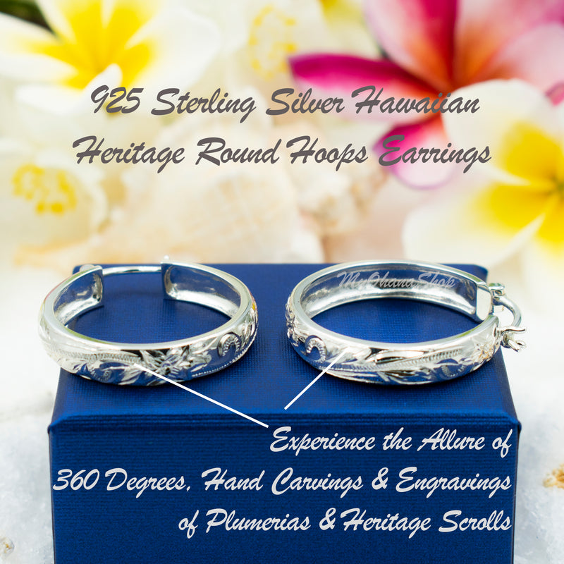 925 Sterling Silver Hawaiian Heritage Hoops Earrings For Women. Medium or Large Round Hand-Carved, Engraved Plumerias & Scrolls Earrings.