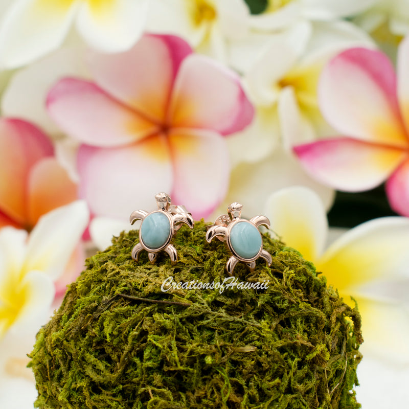 925 Sterling Silver Larimar Sea Turtle Earrings.  Genuine Blue Larimar Inlay Hawaiian Honu Stud Earrings in Silver, Gold, or Rose Gold Color