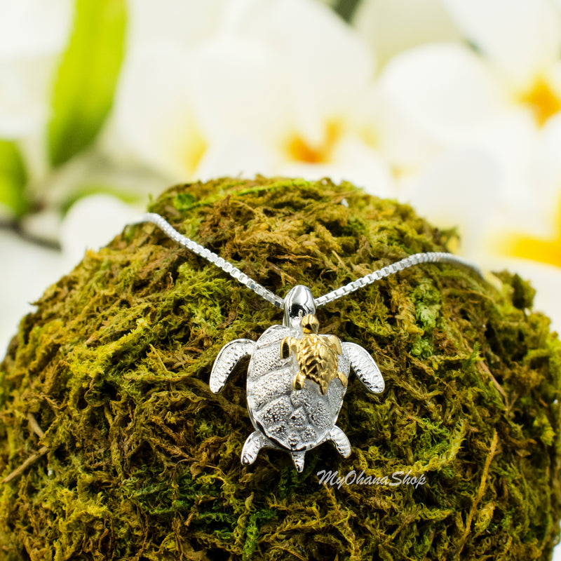 925 Sterling Silver Turtle Necklace. 3D Mother Carrying Baby Hawaiian Sea Turtle Jewelry For Boys, Girls. Mother's Day, Birthday Gift.