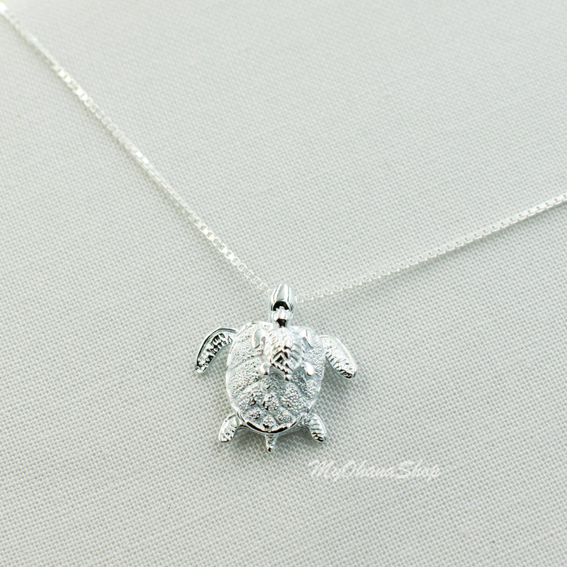 925 Sterling Silver Turtle Necklace. 3D Mother Carrying Baby Hawaiian Sea Turtle Jewelry For Boys, Girls. Mother's Day, Birthday Gift.