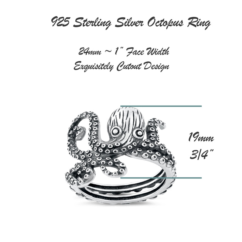 925 Sterling Silver Oxidized Full Octopus Ring For Women and Men.  19mm (3/4") Handcrafted Whole Octopus Design. Hawaiian Sealife Jewelry.