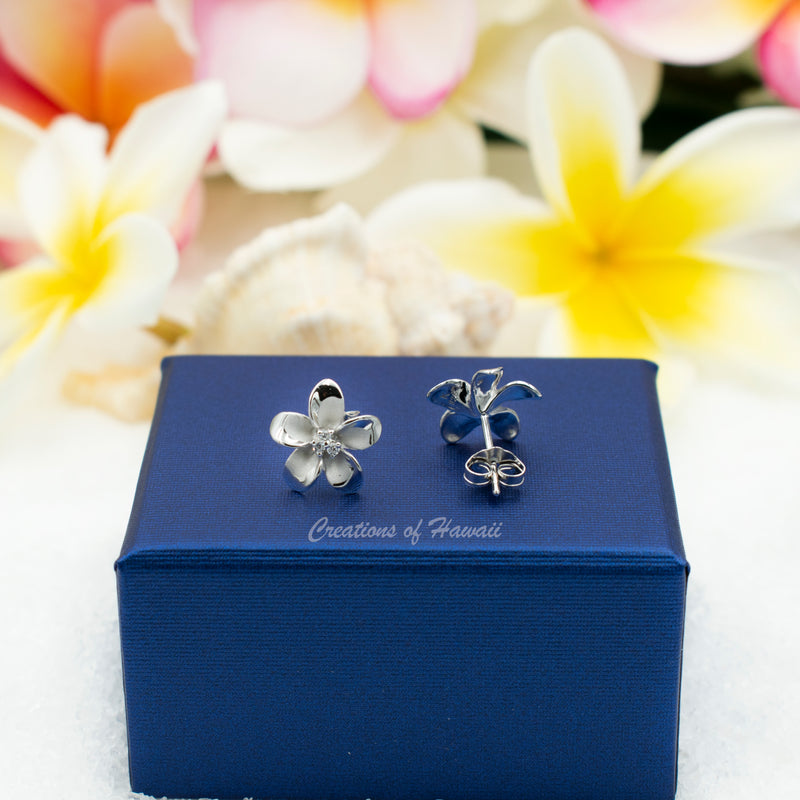 925 Sterling Silver Plumeria Stud Earrings With Cubic Zirconia For Women, Girls, and Children. Tropical Island, Hawaiian Heritage Flower Jewelry.