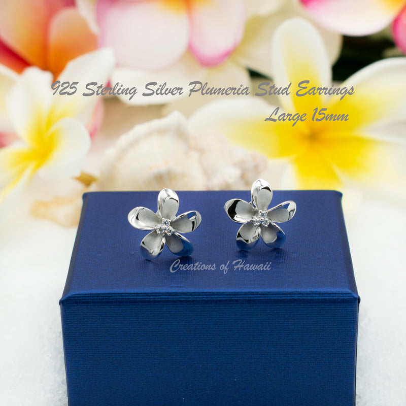 925 Sterling Silver Plumeria Stud Earrings With Cubic Zirconia For Women, Girls, and Children. Tropical Island, Hawaiian Heritage Flower Jewelry.