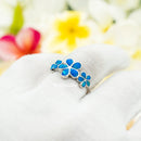 925 Sterling Silver Hawaiian Plumerias Ring For Women. Royal, Elegant, White or Blue Opal Flowers Cluster Wedding, Pinky, Statement Ring.