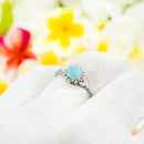 925 Sterling Silver Blue Larimar, White Opal Ring For Women. 9mm Round Gemstone, Stackable Ring For Pinky, Statement, Middle & Index Finger.