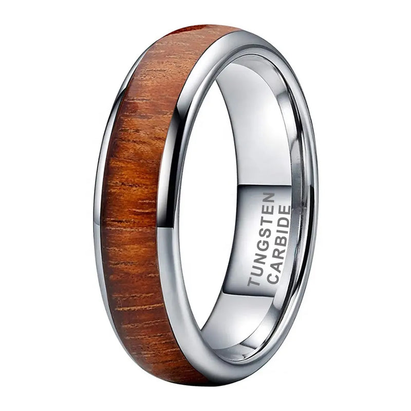 8mm Barrel, Tungsten Carbide Ring With Koa Wood Inlay.  Comfort Fit, Durable, Lasting Ring for Men & Women