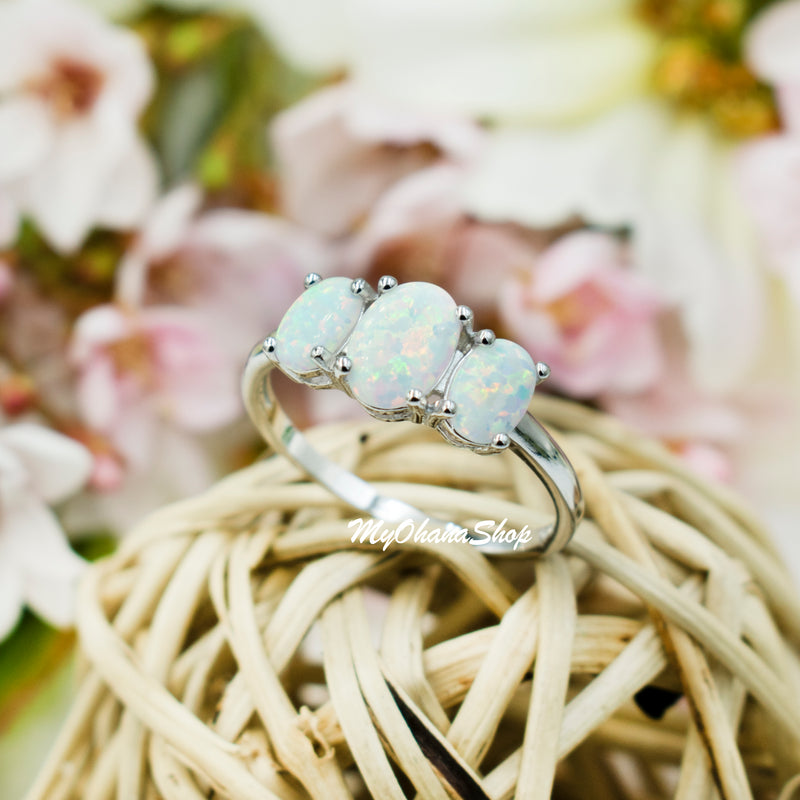 14k White Gold Cabochon White Opal and Diamond Clover Ring | Sheena Stone