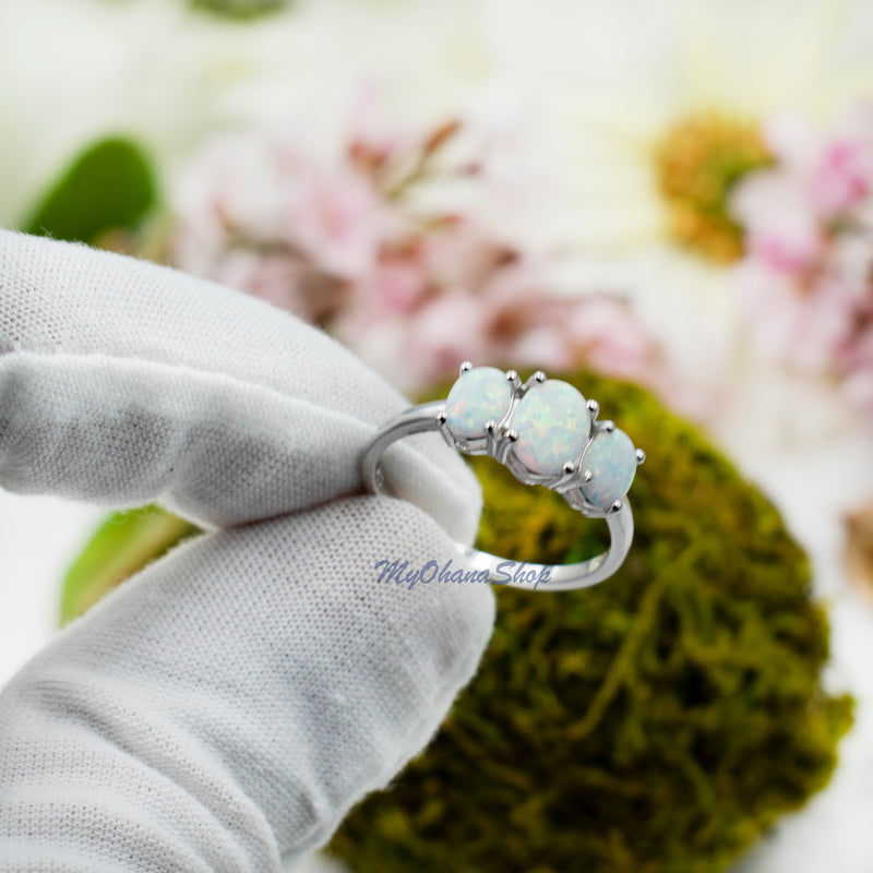 Created Opal and Created White Sapphire Three-Stone Sterling Silver Ring |  REEDS Jewelers
