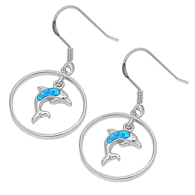925 Sterling Silver Hawaiian Dophins & Hoops Dangling Earrings With Opal Inlay