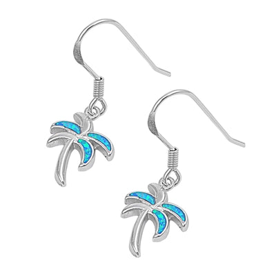 925 Sterling Silver Palm Tree Dangling Earrings With Opal Inlay