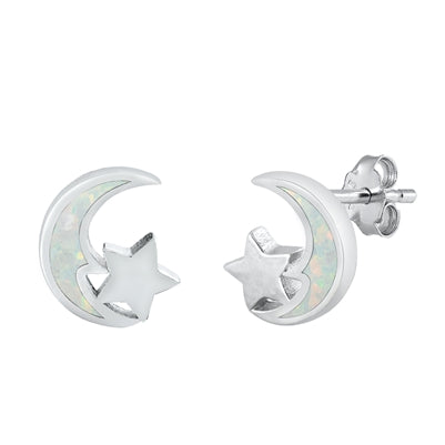 925 Sterling Silver Moon & Star Earrings With Opal Inlay - Tarnish Free