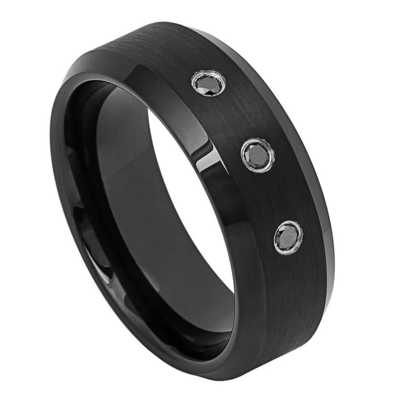 Scratch Free Tungsten Carbide Ring - 8mm With 3 Genuine Black Diamonds