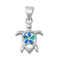 925 Sterling Silver Honu & Plumeria Pendant With Created Opal Inlay