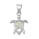 925 Sterling Silver Honu & Plumeria Pendant With Created Opal Inlay