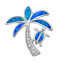 925 Sterling Silver Palm Tree & Honu Pendant With Created Opal Inlay