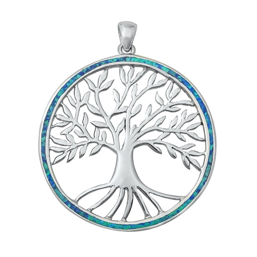 925 Sterling Silver Tree of Life Pendant With Created Opal Inlay