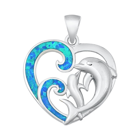 925 Sterling Silver Dolphin & Heart Lover Pendant With Created Opal Inlay