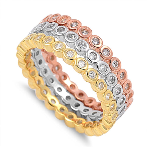 925 Sterling Silver Tri-Color Eternity Ring Set