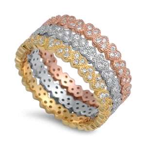 925 Sterling Silver Heart Eternity Ring Set - Tri Color