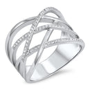 925 Sterling Silver 17mm Cross Over Pattern Ring With Clear CZ