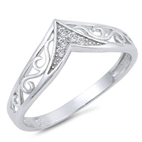 925 Sterling Silver Filigree Scrolled V Ring With Clear CZ
