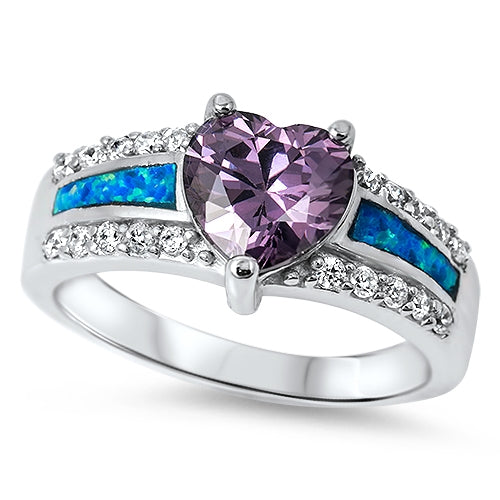 925 Sterling Silver Amethyst Heart Ring With Opal Inlay