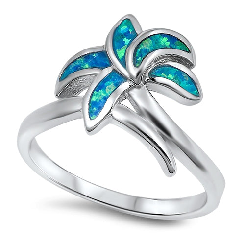 925 Sterling Silver Palm Tree Ring With Blue Opal Inlay