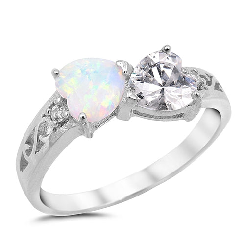 925 Sterling Silver Heart-to-Heart Ring With Opal & CZ