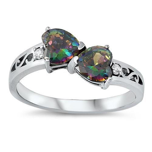 925 Sterling Silver Heart-to-Heart Ring With Opal & CZ