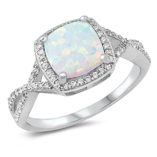 925 Sterling Silver Princess Cut Ring With Opal & CZs