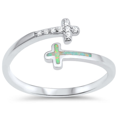 925 Sterling Silver Wrap Around Cross Ring  Wiith Opal & CZs