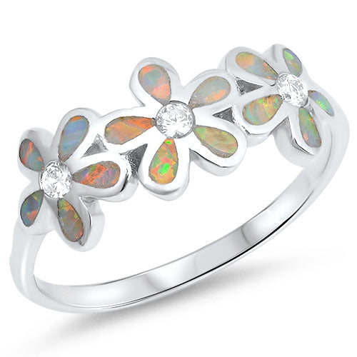 925 Sterling Silver Plumeria Ring With Created Opal Inlay