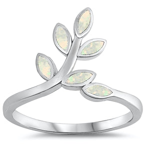 925 Sterling Silver Branch of Leaves Ring With White Opal Inlay