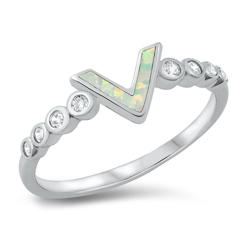 925 Sterling Silver V Shape Ring With Opal & Clear CZ