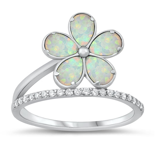 925 Sterling Silver Blue or White Opal Plumeria Ring With Clear Cubic Zironia