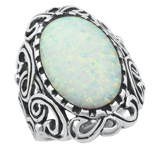 925 Sterling Silver 31mm Filigree Ring With Opal.