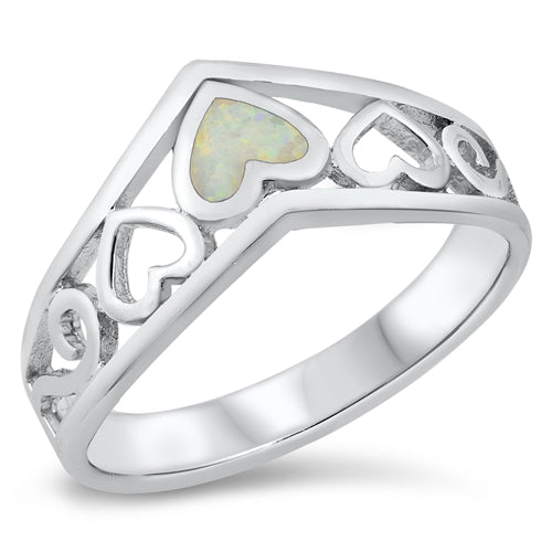 925 Sterling Silver V Ring With Opal Hearts