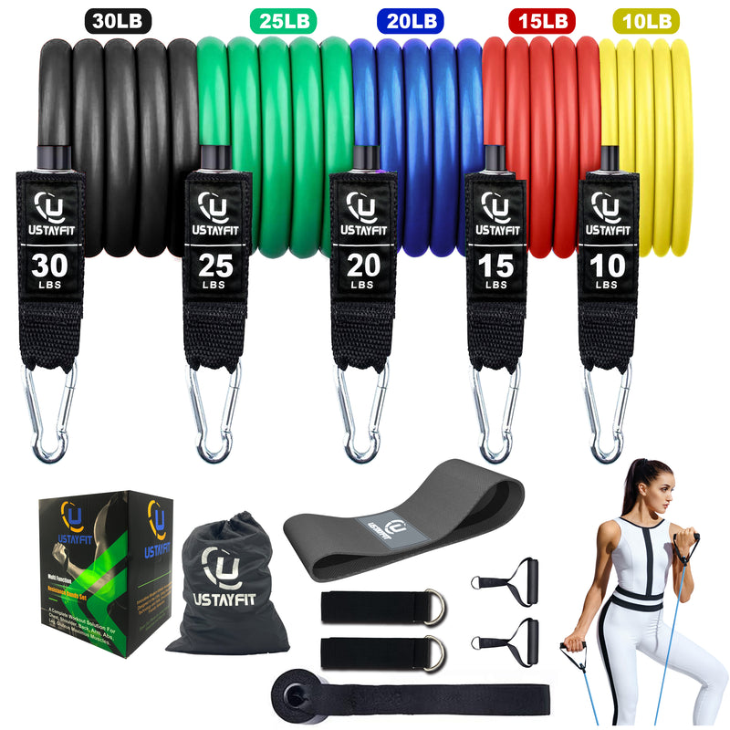 USTAYFIT - Twelve (12) PCS Resistance Bands Set: 5 Elastic Exercise Bands & A Booty Band - for Men, Women Body Training, Squat, Leg, Yoga, Pilates Workout - Adjustable Stretch Weights Home Gym Fitness Equipment