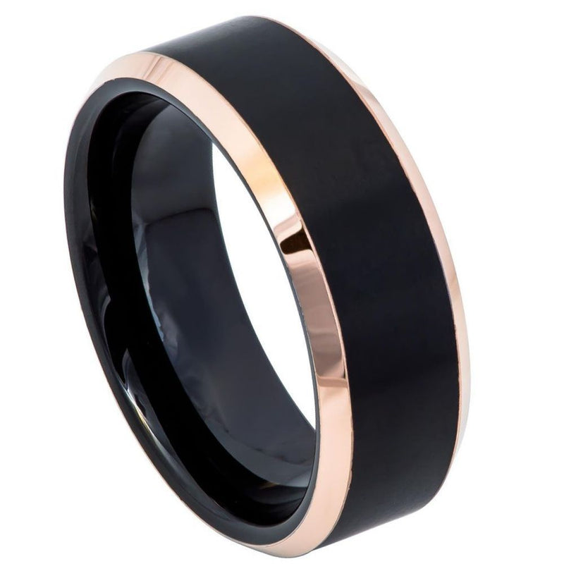 Black & Rose Gold Plated Tungsten Carbide Ring - 6mm or 8mm Beveled Edge Bands
