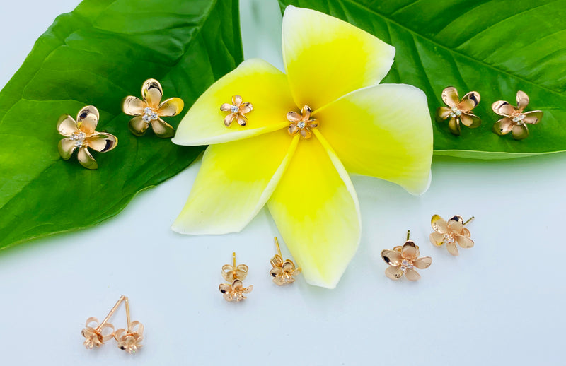 925 Sterling Silver Gold Plated Plumeria Stud Earrings - Hawaiian Earrings - Ladies Stud Earrings.  Gifts For Her.  Plumeria Earrings. Womens Stud Earrings