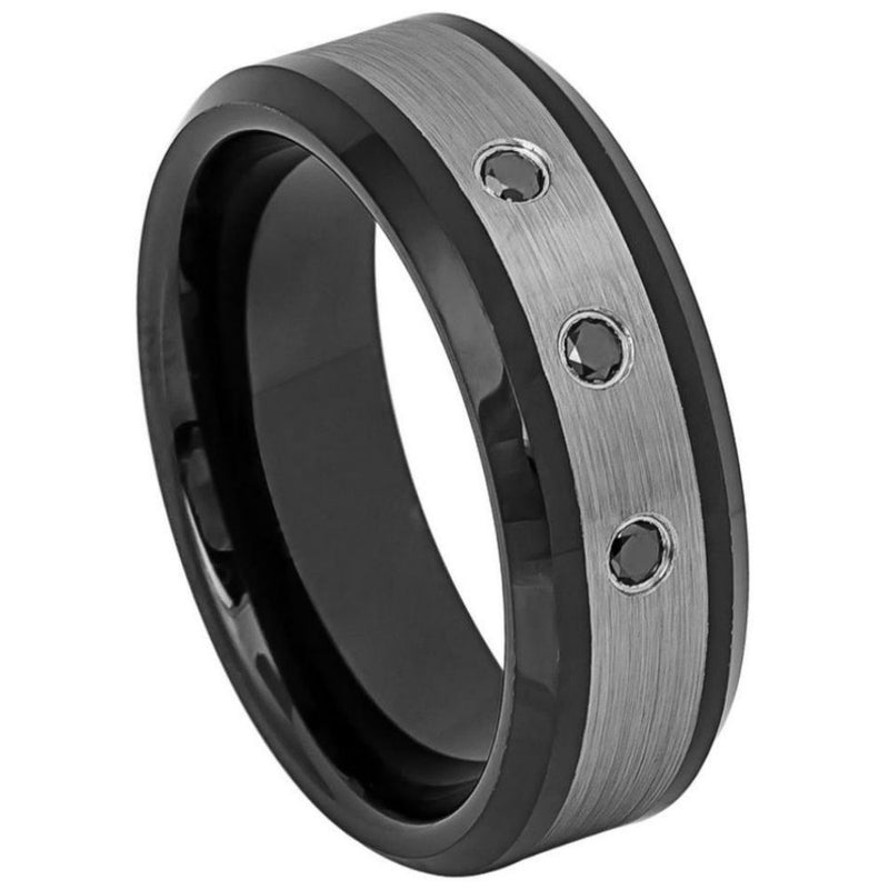 Scratch Free Tungsten Carbide Ring - 8mm With 3 Genuine Black Diamonds