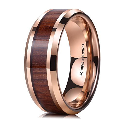 Tungsten Carbide Ring With Koa Wood Inlay & Rose Gold Overlay