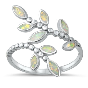 925 Sterling Silver Branch of Leaves Ring With White Opal Inlay