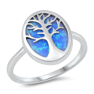 925 Sterling Silver Tree of Life Ring With Blue Opal Inlay